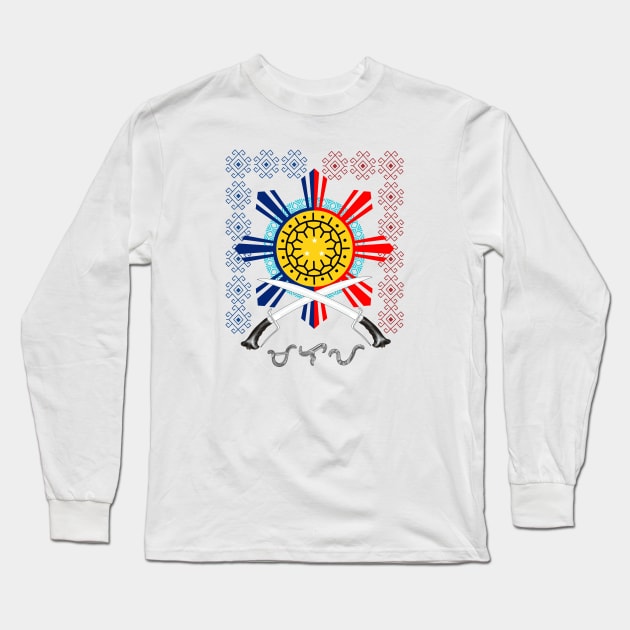 Philippine Sun / Philippine Swords (Ginunting) / Baybayin word Malaya (Freely) Long Sleeve T-Shirt by Pirma Pinas